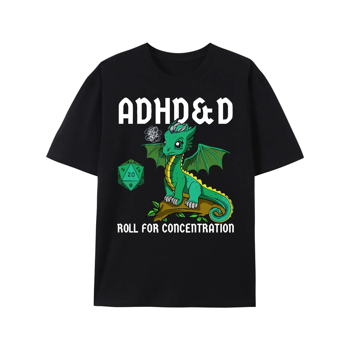 Cotton Printed Men's T-Shirt - ADHD&D Roll For Concentration Featuring Cute Dragon