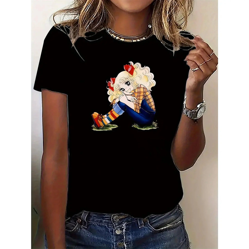 Women's Cute Cartoon Character Print T-Shirt – Casual, Sporty,All-Season Comfort, Black with Blonde Graphic Top Womenswear summer outfits