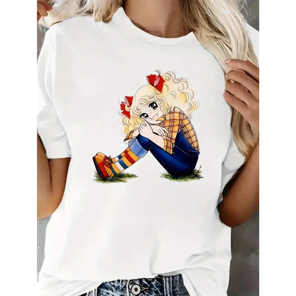 Women's Cute Cartoon Character Print T-Shirt – Casual, Sporty,All-Season Comfort, Black with Blonde Graphic Top Womenswear summer outfits