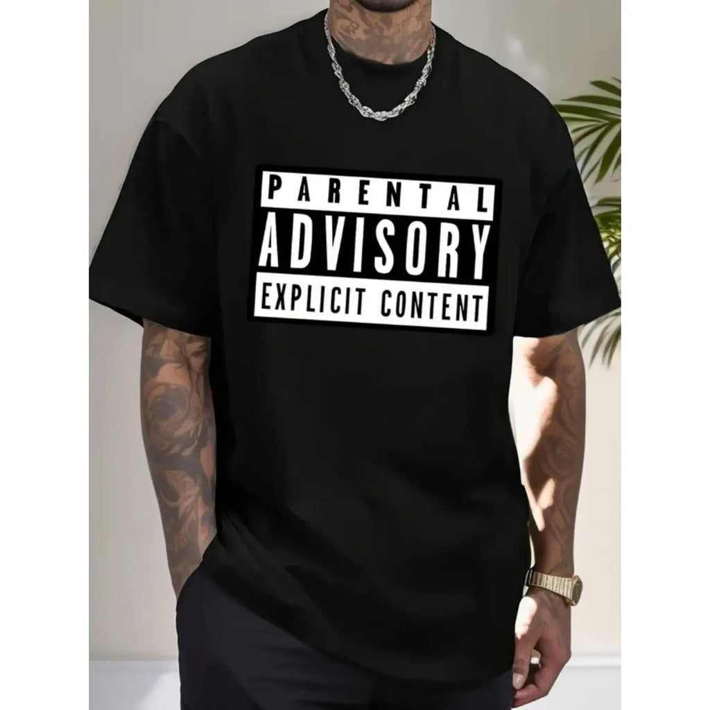 Men'S 100%25 Cotton Graphic T-Shirt - "Parental Advisory Explicit Content" Bold Print, Casual Round Neck, Short Sleeve, Regular Fit For Summer Street Style, Street Style Clothing |     Trendy Wardrobe Staple |.
