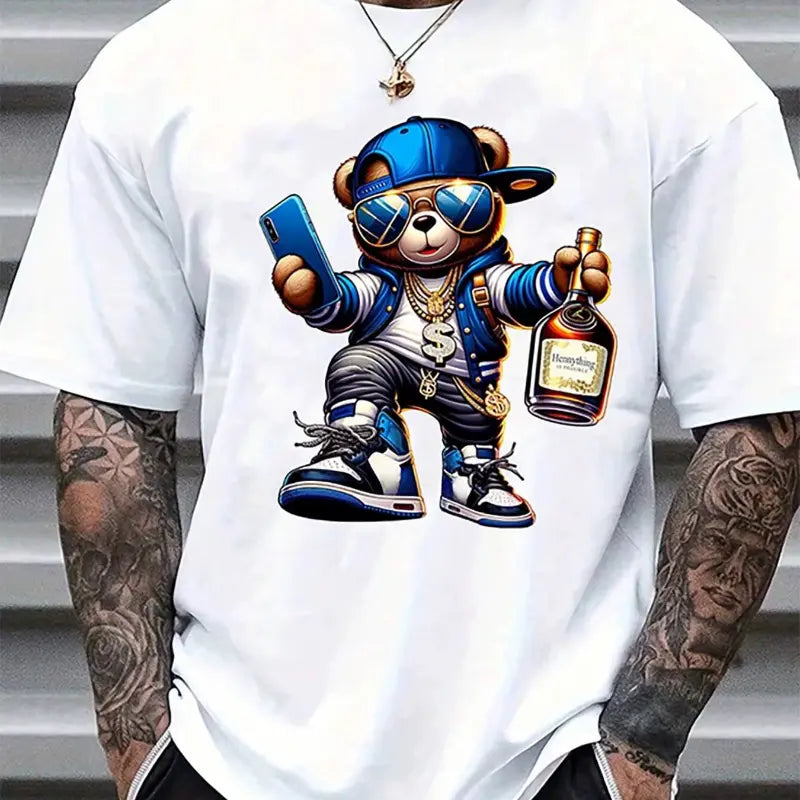 Men's Summer Pure Cotton T-shirt Fashionable Casual Loose Cartoon Bear Printed Sports Round Top