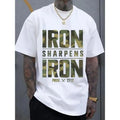 Men's Large Size CVC Material, Printed T-Shirt - "Iron Sharpens Iron" and Proverbs Bible Verse Design, Geometric Pattern Casual Street Style T-Shirt, Breathable Summer Top, Summer Fashion Clothing | Camouflage Pattern | Durable Fabric