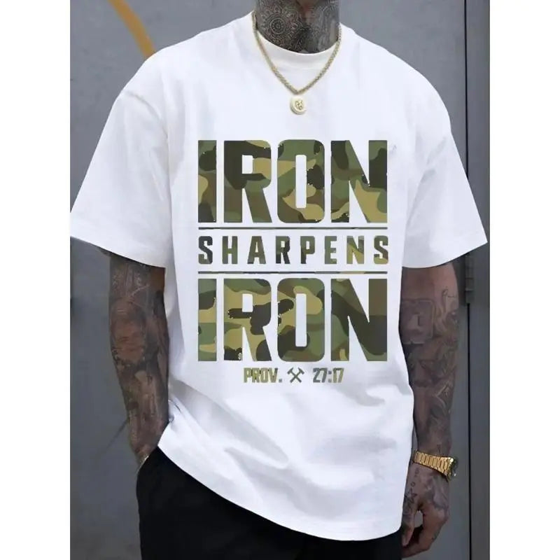 Men's Large Size CVC Material, Printed T-Shirt - "Iron Sharpens Iron" and Proverbs Bible Verse Design, Geometric Pattern Casual Street Style T-Shirt, Breathable Summer Top, Summer Fashion Clothing | Camouflage Pattern | Durable Fabric