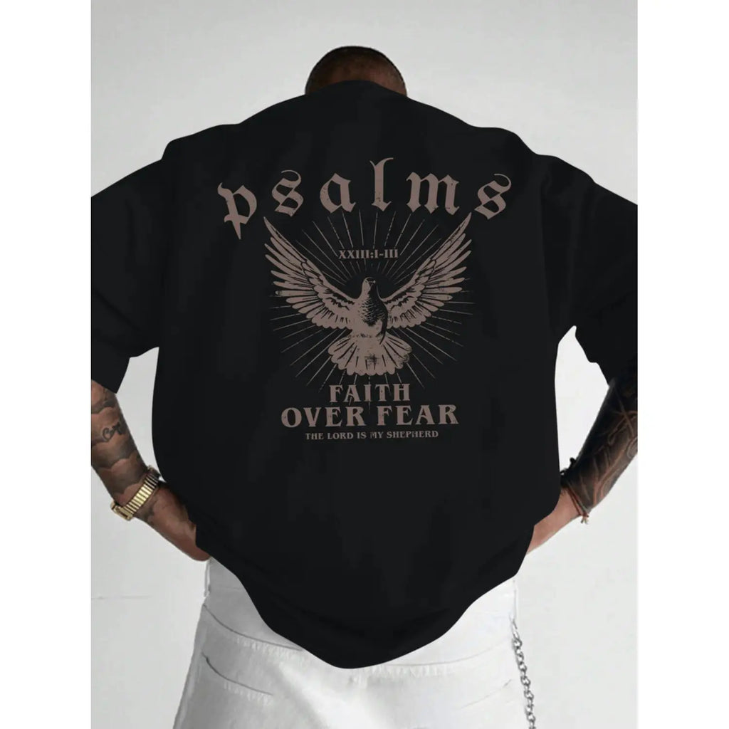 Faith is Better Than Fear T-shirt with psalm design, loose version crew neck short sleeves, men's casual wear, sports fan gift, bright black T-shirt.