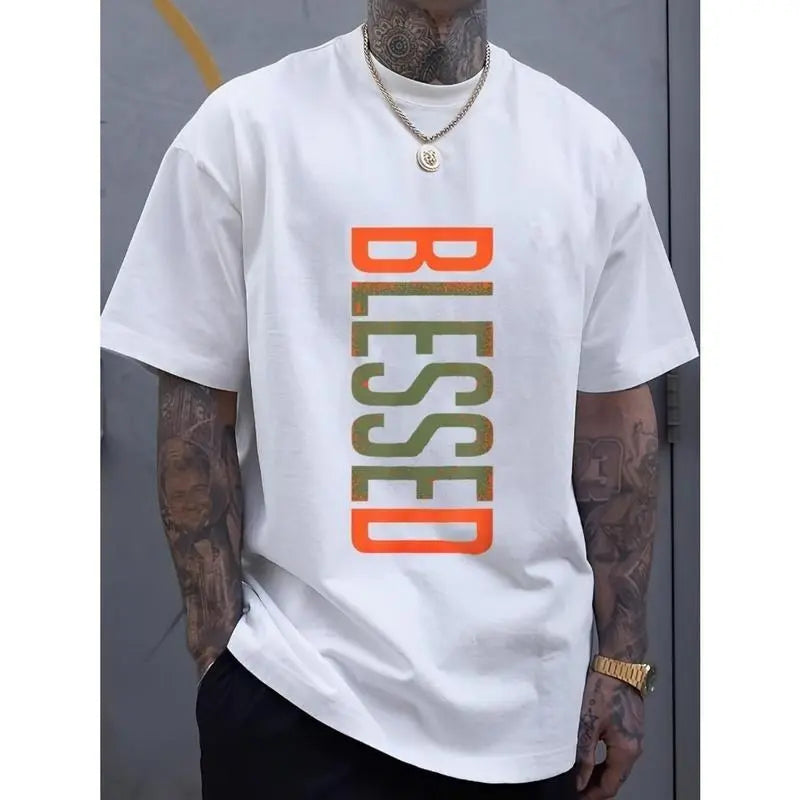 “Blessed” Vertical CVC Cotton T-Shirt-Men's Plus Size Casual Crew Neck T-Shirt - Geometric-Pattern, Smooth Cotton Knit Fabric, Medium Stretch - Short Sleeve Tee for Leisure & Everyday Wear | Breathable Comfort Fit
