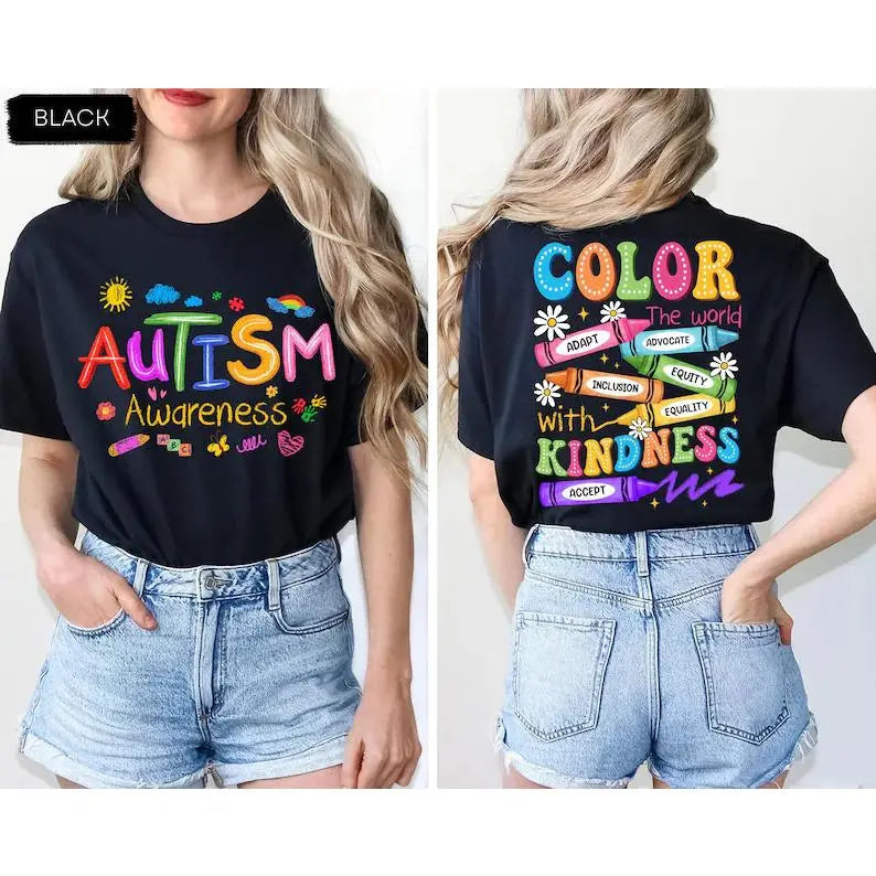 Autism Awareness T-shirt: 2-sided Print, SPED Teacher T-shirt, Special Education T-shirt, Brushstroke Autism T-shirt, ADHD Autism Mom Gift,Men's Solid Color Crewneck Tee for Gym & Casual