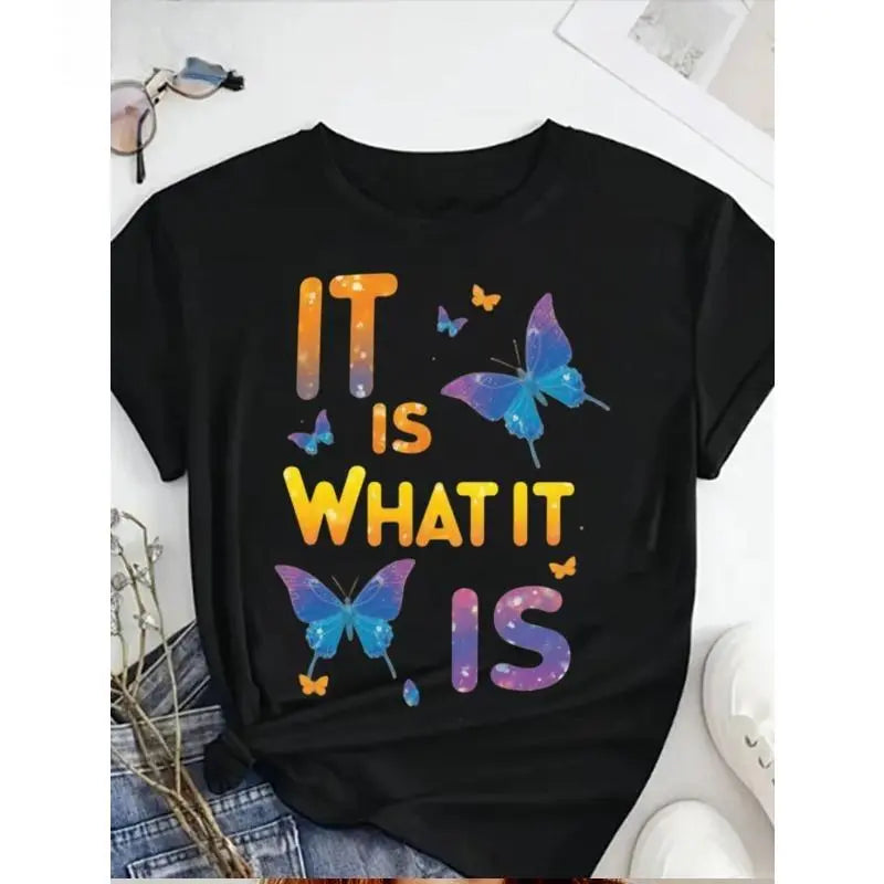 Plus Size Women'S   T-Shirt - Colorful Butterfly Graphic & "It Is What It Is" Inspirational Quote, Casual Short Sleeve Round Neck Top For Spring Summer Fall, Mother'S Day Juneteenth Gift, Ladies T Shirts Golf Gift T-Shirt For Men And Women