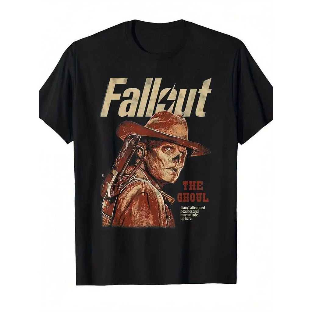 Fallout Inspired Black Graphic T-Shirt - Vintage Style 'The Ghoul' Design Featuring Skull Face Character with Cowboy Hat, Post-Apocalyptic Aesthetic for Gaming Enthusiasts