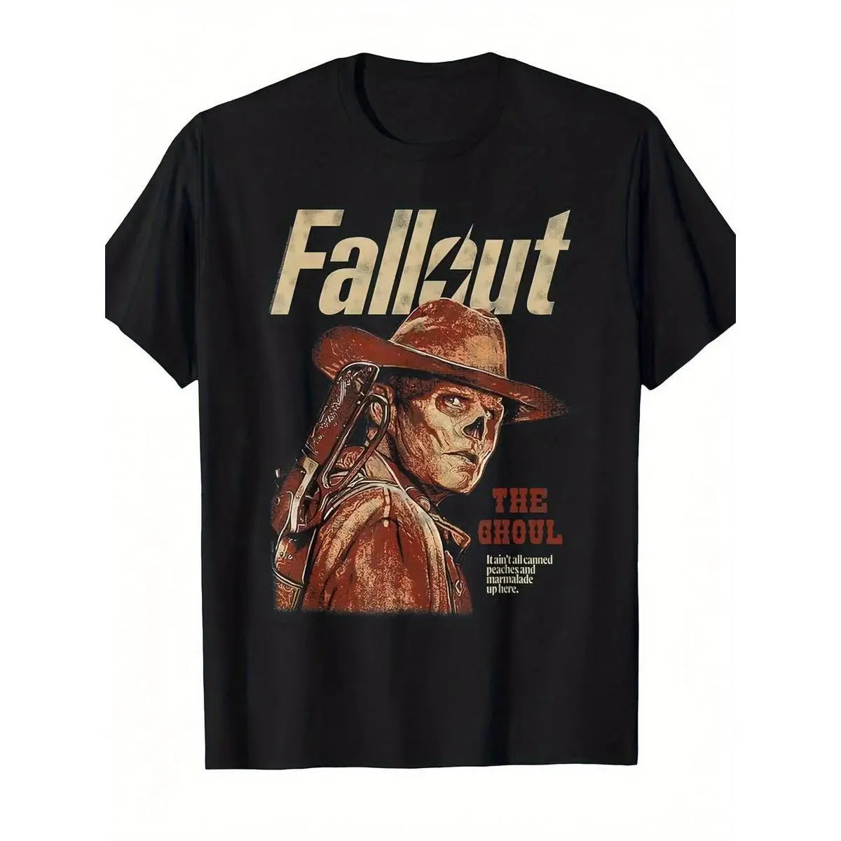 Fallout Inspired Black Graphic T-Shirt - Vintage Style 'The Ghoul' Design Featuring Skull Face Character with Cowboy Hat, Post-Apocalyptic Aesthetic for Gaming Enthusiasts