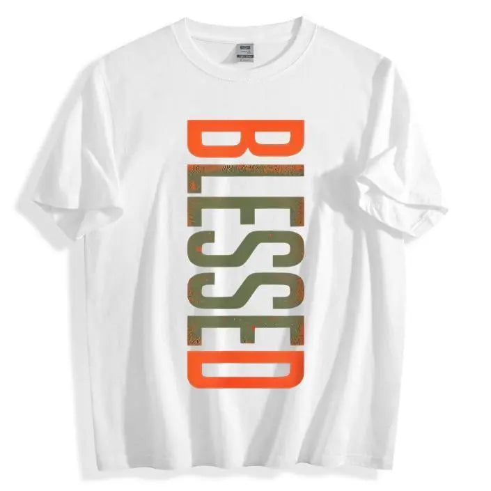 “Blessed” Vertical CVC Cotton T-Shirt-Men's Plus Size Casual Crew Neck T-Shirt - Geometric-Pattern, Smooth Cotton Knit Fabric, Medium Stretch - Short Sleeve Tee for Leisure & Everyday Wear | Breathable Comfort Fit