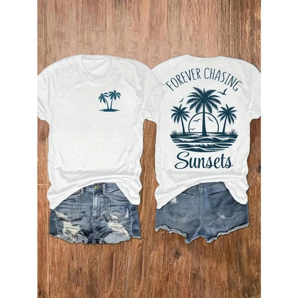 Women's Cotton Short Sleeve Graphic T Shirt Featuring Sunset Palm Tree Beach Print Perfect for Summer Vacation and Casual Weekend Travel
