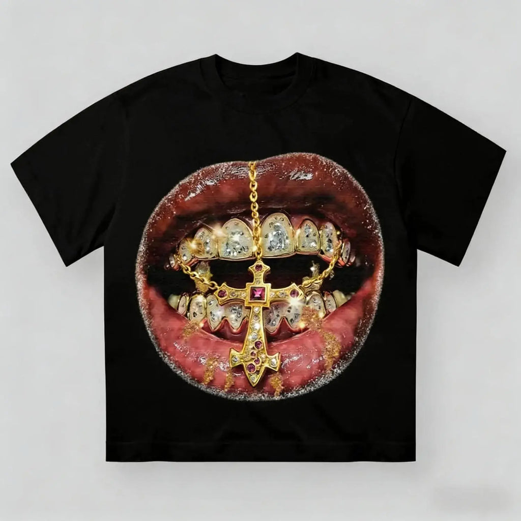 Premium Golden Cross Diamond Patch Grills Print Y2K Unisex Cotton Crewneck Short Sleeve Casual Streetwear T-Shirt