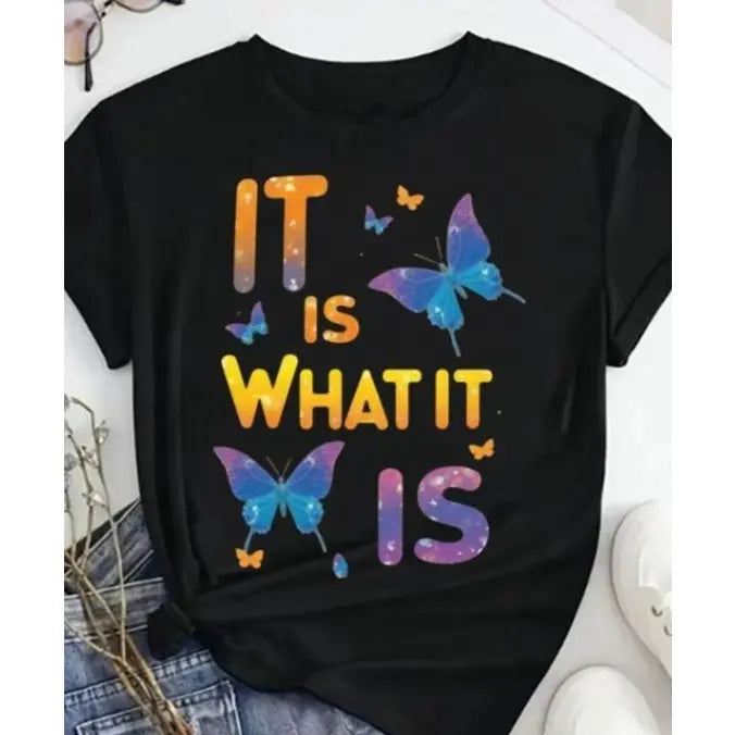 Plus Size Women'S   T-Shirt - Colorful Butterfly Graphic & "It Is What It Is" Inspirational Quote, Casual Short Sleeve Round Neck Top For Spring Summer Fall, Mother'S Day Juneteenth Gift, Ladies T Shirts Golf Gift T-Shirt For Men And Women