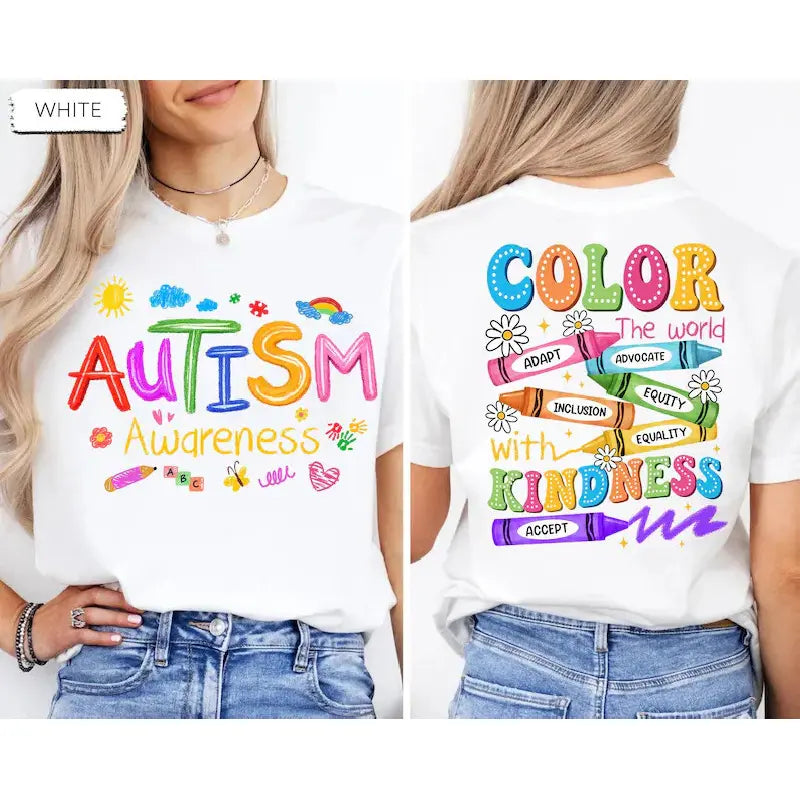 Autism Awareness T-shirt: 2-sided Print, SPED Teacher T-shirt, Special Education T-shirt, Brushstroke Autism T-shirt, ADHD Autism Mom Gift,Men's Solid Color Crewneck Tee for Gym & Casual