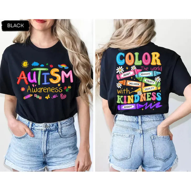 Autism Awareness T-shirt: 2-sided Print, SPED Teacher T-shirt, Special Education T-shirt, Brushstroke Autism T-shirt, ADHD Autism Mom Gift,Men's Solid Color Crewneck Tee for Gym & Casual