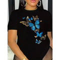 Elegant Blue Butterfly Pattern Cotton TShirt Perfect for Nature Enthusiasts