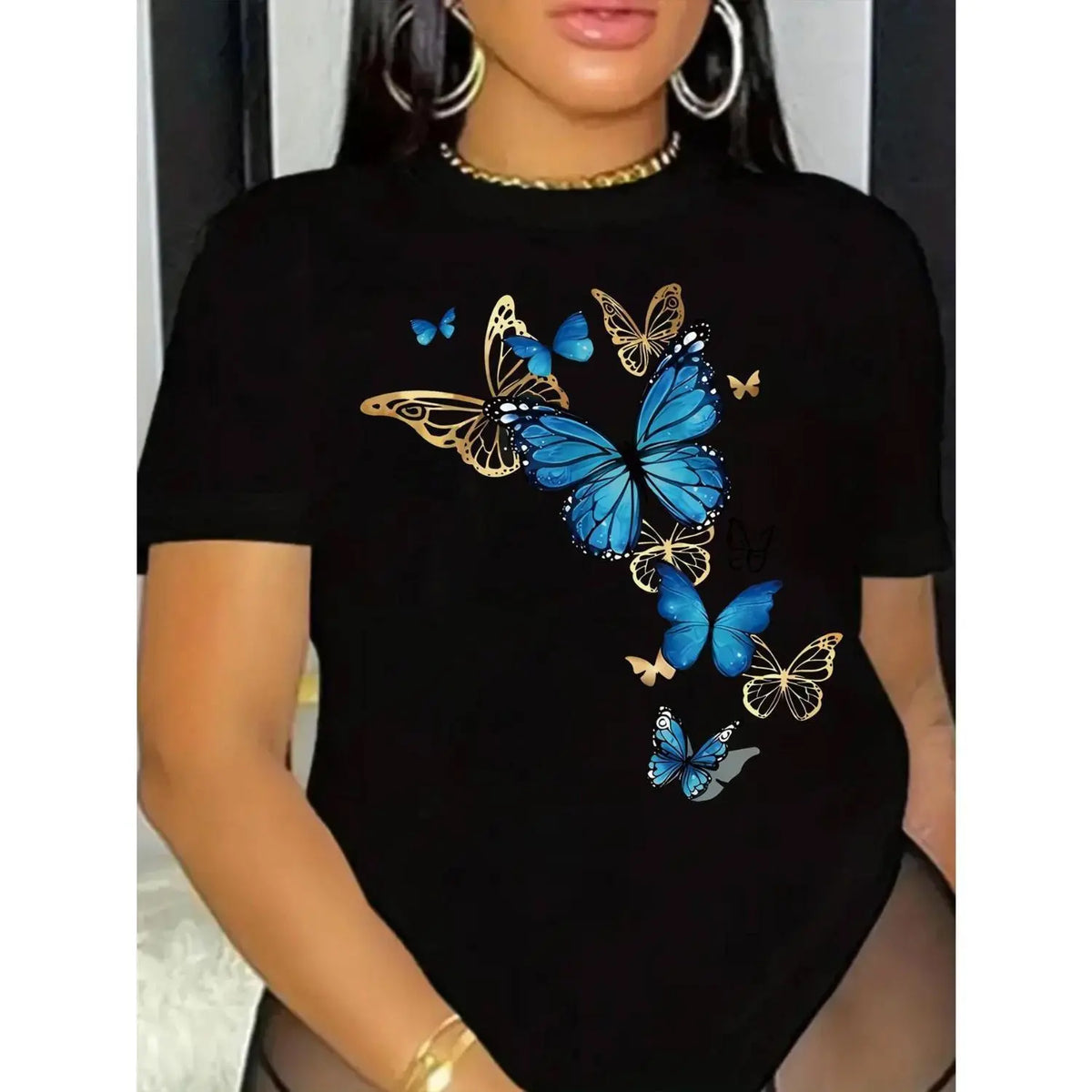 Elegant Blue Butterfly Pattern Cotton TShirt Perfect for Nature Enthusiasts