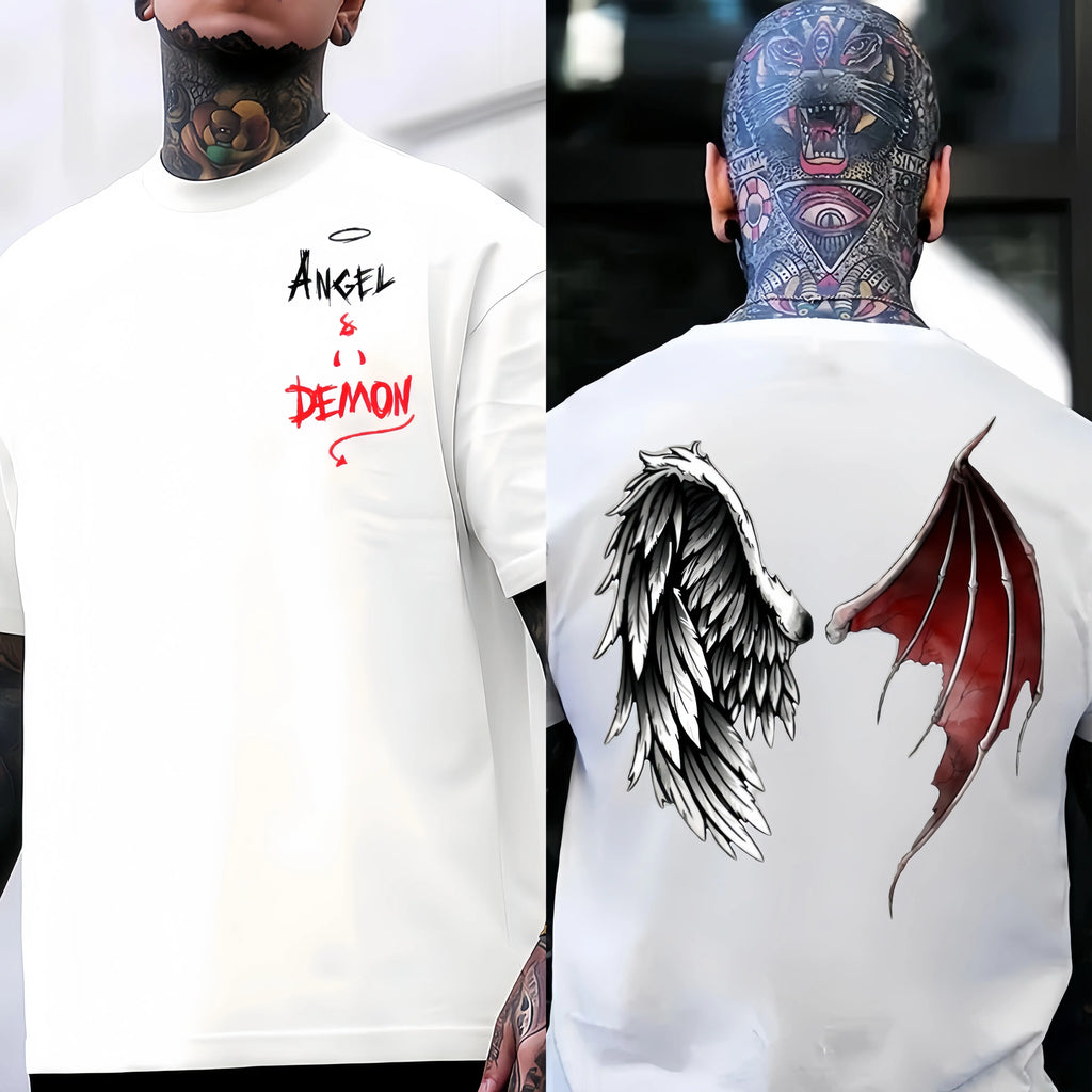 Angel Demon Wings Tee Cotton Double-sided Printed Black Dark Street Style Unisex Loose Fit Y2K Vibe Casual Outfit