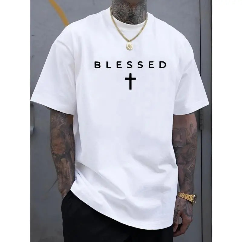 Men'S Casual Crew Neck T-Shirt with Cross & "BLESSED" Letter Print, 100%25 cotton Knit Fabric, Regular Fit Short Sleeve Tee for Summer, Comfortable & Versatile Weekend Casual Wear, Everyday Tshirt |       Sleek Black Tee |       Lightweight Fabric