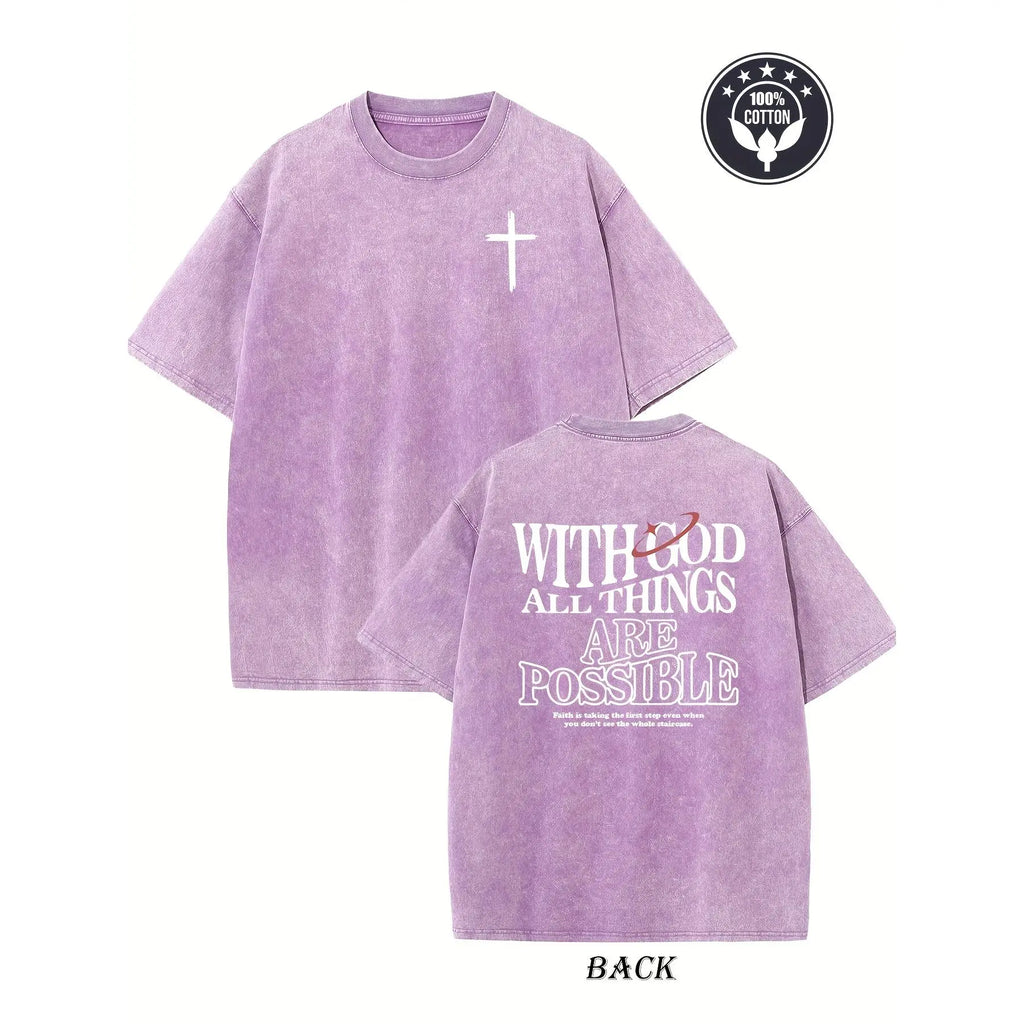 Men's Heavyweight 230gsm Cotton Vintage Washed T-Shirt - Dual-Sided "with God All Things Possible" & Cross Print, Loose Fit Hip Hop Streetwear, Round Neck Short Sleeve Casual Tee for Casual Attire, Ribbed Neckline Shirt Crewneck Knit Fabric Tshirt Knit