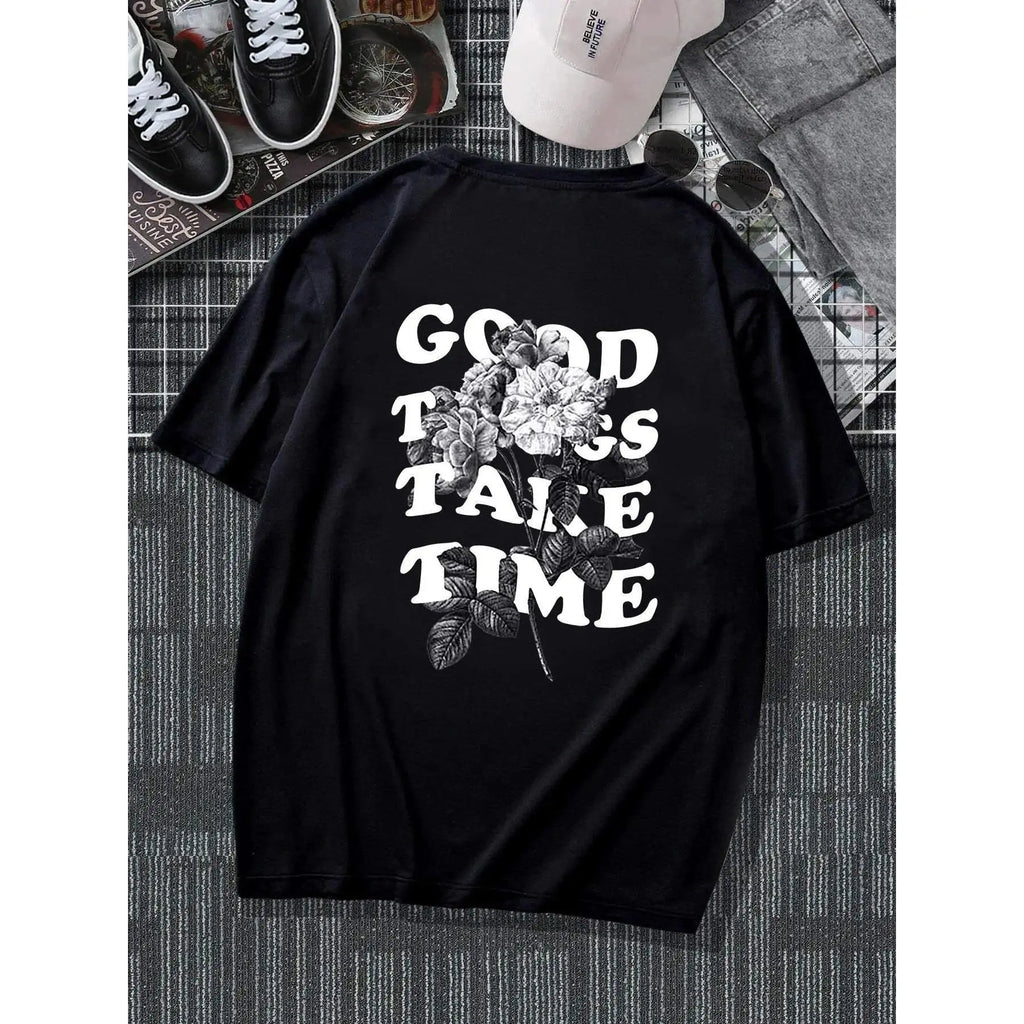Men's floral and letter-printed shoulder-length T-shirt, casual soft and comfortable regular half-sleeved crew neck T-shirt, summer fashion men's daily wear top