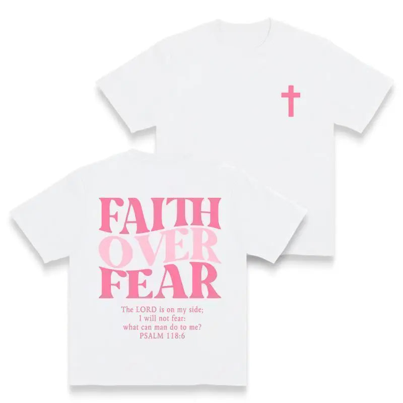 Faith Over Fear print T-shirt - retro fashion urban streetwear designed for fashion lovers. This unisex casual sports/everyday wear item features a simple and bold tagline design with soft and comfortable fabrics.