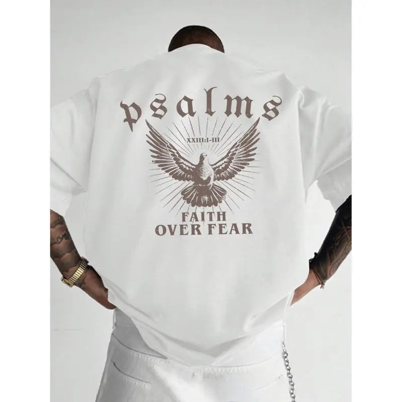 Faith Over Fear T-Shirt With Psalm 93 4 Design Loose Fit Crew Neck Short Sleeve For Men Casual Wear Sports Fan Gift In Glossy Black..