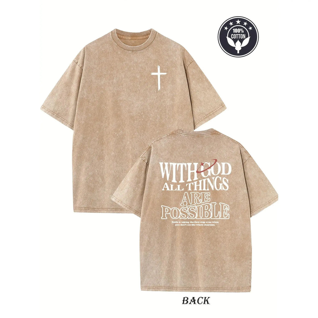 Men's Heavyweight 230gsm Cotton Vintage Washed T-Shirt - Dual-Sided "with God All Things Possible" & Cross Print, Loose Fit Hip Hop Streetwear, Round Neck Short Sleeve Casual Tee for Casual Attire, Ribbed Neckline Shirt Crewneck Knit Fabric Tshirt Knit