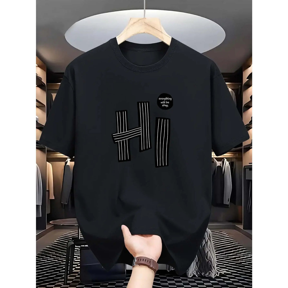 "hi" Letter, Pattern Print, Men's T-Shirt, Men's Novelty Pattern Design T-Shirt, Summer Casual Comfortable T-Shirt, Fashion Short Sleeve Comfortable Versatile Summer T-Shirt Top Round Neck Menswear Shortsleeve Polyester