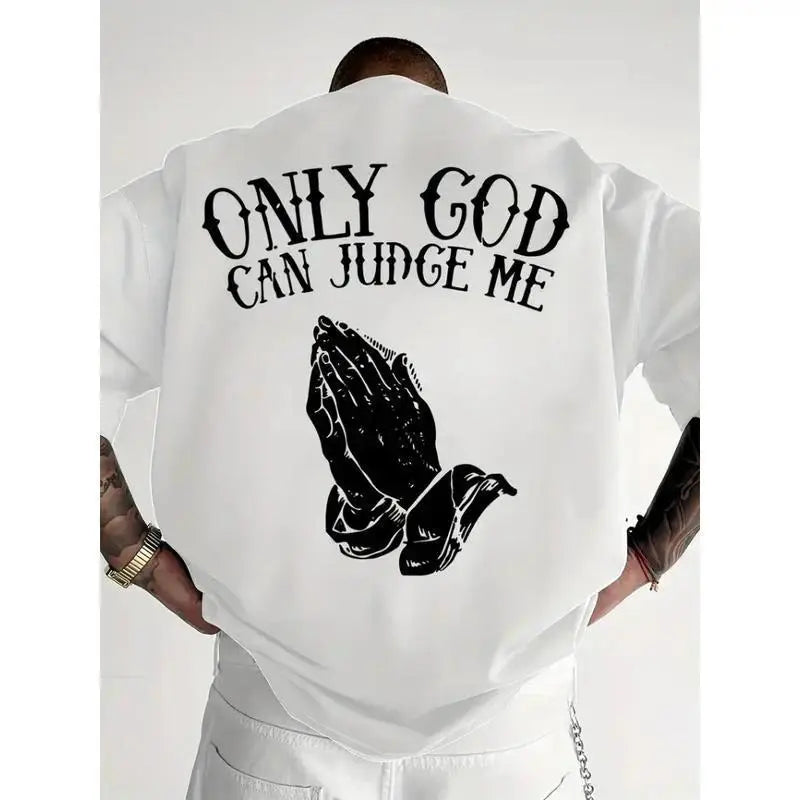 Men's "Only God Can Judge Me" print T-shirt - casual crew neck, loose version, short-sleeved top, beige with prayer hand design