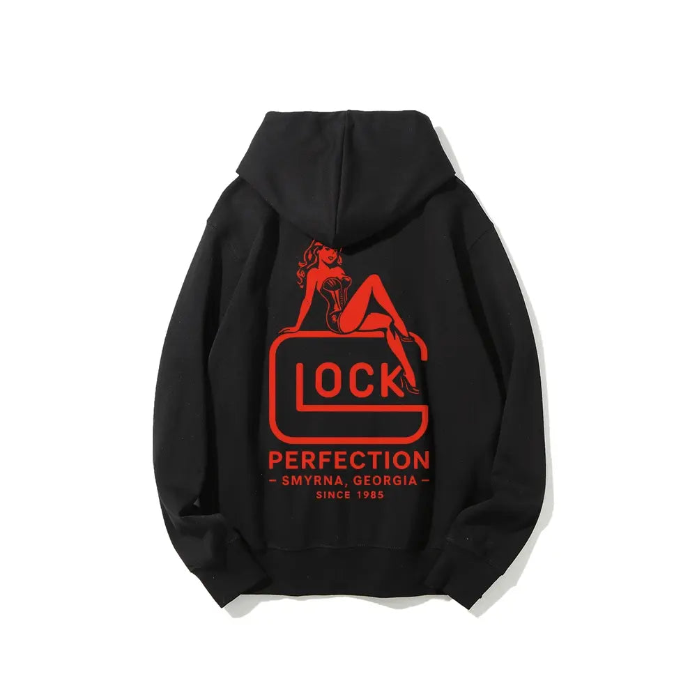 Vintage Style Glock Graphic Hoodie, Pin‑Up "Glock Perfection" Unisex Pullover With Georgia Since 1985 Print, Cozy Soft Cotton Gift For Fans