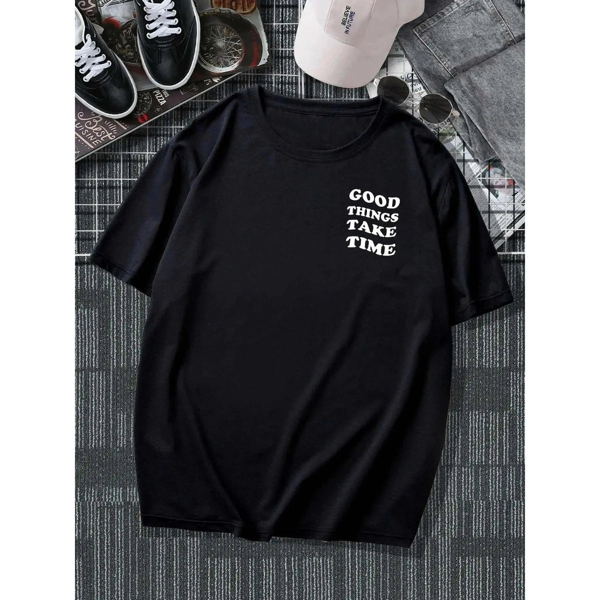 Men's floral and letter-printed shoulder-length T-shirt, casual soft and comfortable regular half-sleeved crew neck T-shirt, summer fashion men's daily wear top