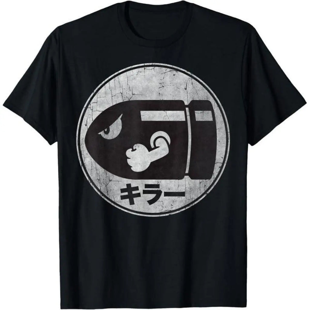 100%25 Cotton Super Mario Bullet Bill Distressed Kanji Logo T-Shirt