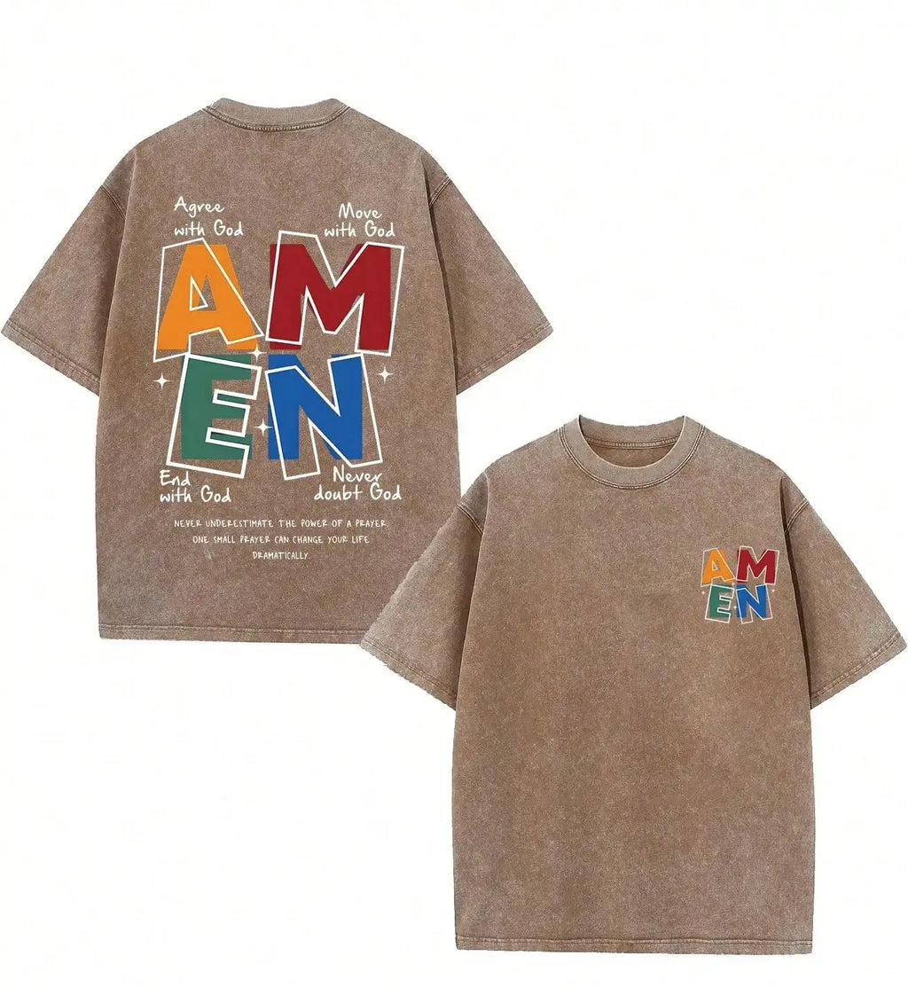 AMEN Classic Letter Header T-Shirt for Men Women Vintage Distressed 230g Washed Cotton Casual Fit God Bless  (regular cotton/washed cotton) You Design Faith Christian Patriotic