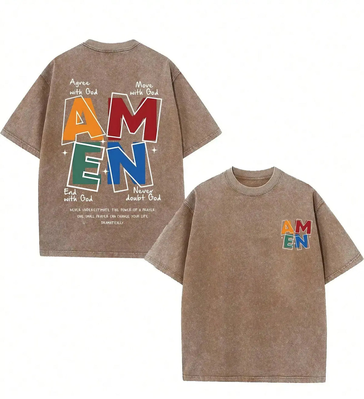 AMEN Classic Letter Header T-Shirt for Men Women Vintage Distressed 230g Washed Cotton Casual Fit God Bless  (regular cotton/washed cotton) You Design Faith Christian Patriotic