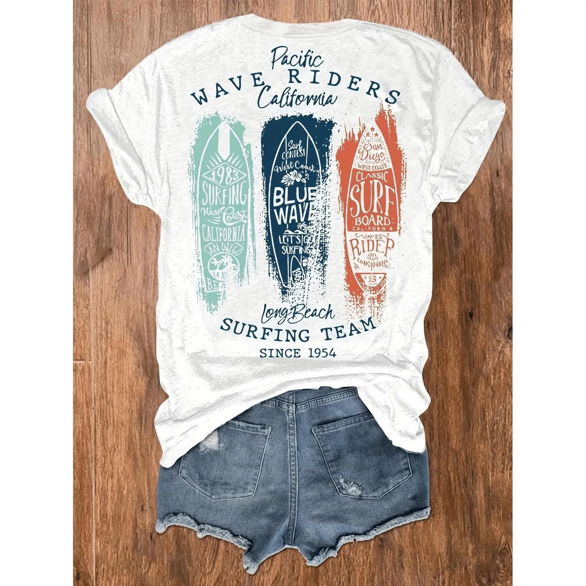 Vintage Surf Graphic T Shirt for Women Soft Stretch Crew Neck Short Sleeve Beach Vacation Summer Casual Style