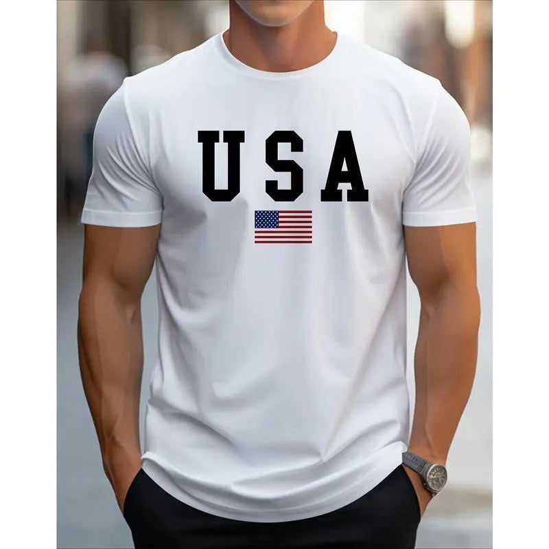 Men'S Patriotic USA Flag Print T-Shirt -  Crew Neck Short Sleeve, Slight Stretch Knit Fabric, Regular Fit All-Season Comfort, Golf Gift T-Shirt For Men And Women