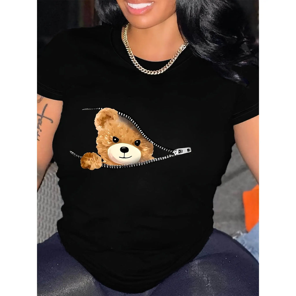 Women's Cute Teddy Bear Graphic T-Shirt - Casual Black Polyester Tee with Zipper Detail, Short Sleeves & Round Neckline, Machine Washable, Casual Wear|Playful Graphic Tee|Machine Washable Top