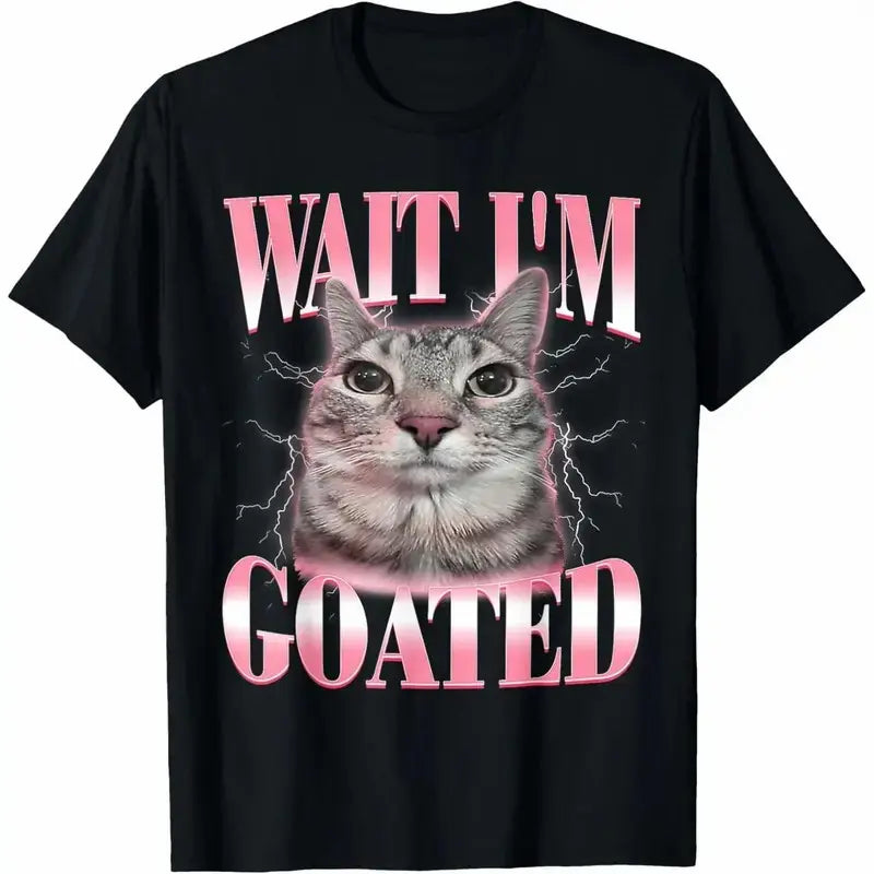Funny Silly Cat Brainrot Wait I'm Goated Cat Meme Saying T-Shirt for Men Women graphic tee