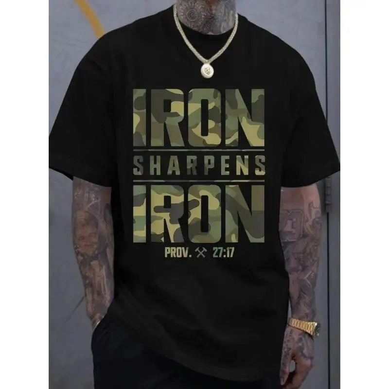Men's Large Size CVC Material, Printed T-Shirt - "Iron Sharpens Iron" and Proverbs Bible Verse Design, Geometric Pattern Casual Street Style T-Shirt, Breathable Summer Top, Summer Fashion Clothing | Camouflage Pattern | Durable Fabric