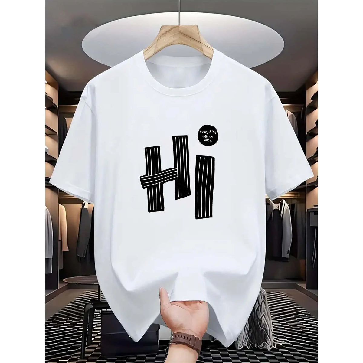"hi" Letter, Pattern Print, Men's T-Shirt, Men's Novelty Pattern Design T-Shirt, Summer Casual Comfortable T-Shirt, Fashion Short Sleeve Comfortable Versatile Summer T-Shirt Top Round Neck Menswear Shortsleeve Polyester