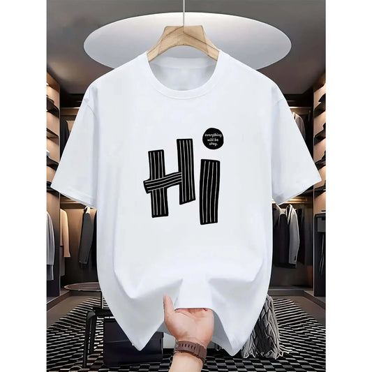 "hi" Letter, Pattern Print, Men's T-Shirt, Men's Novelty Pattern Design T-Shirt, Summer Casual Comfortable T-Shirt, Fashion Short Sleeve Comfortable Versatile Summer T-Shirt Top Round Neck Menswear Shortsleeve Polyester