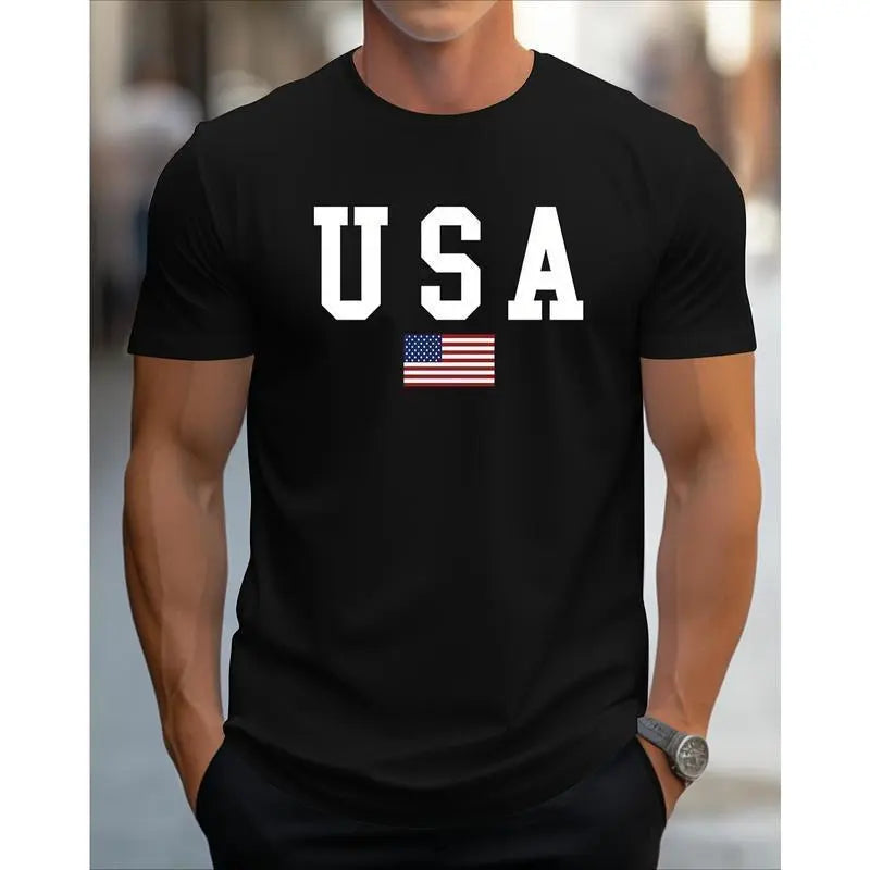 Men'S Patriotic USA Flag Print T-Shirt -  Crew Neck Short Sleeve, Slight Stretch Knit Fabric, Regular Fit All-Season Comfort, Golf Gift T-Shirt For Men And Women
