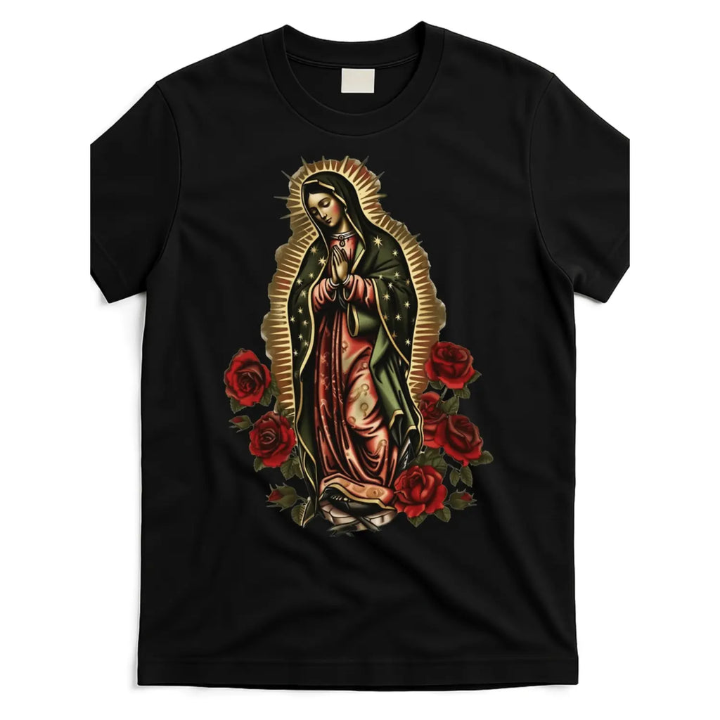 Men Sports Style T Shirt With Guadalupe Mary Graphic And Red Roses Moisture Wicking Breathable Fabric For Athleisure Casual Wear Durable Fitness Apparel.