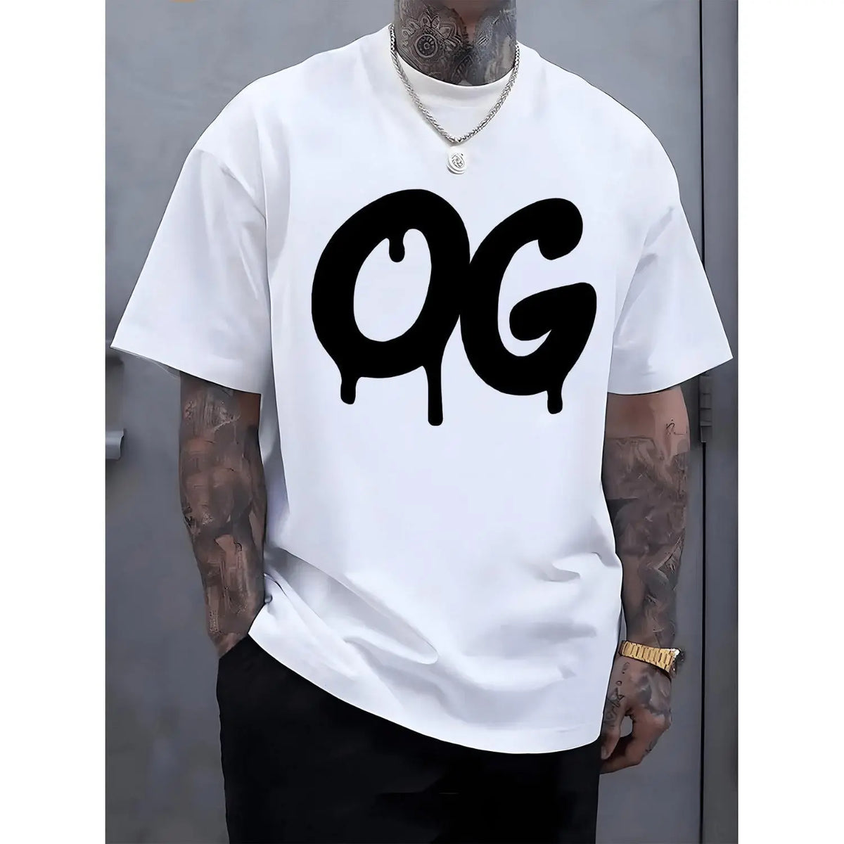 Men's Plus Size Casual 100 Cotton White T Shirt 180g Short Sleeved with OG Drip Design