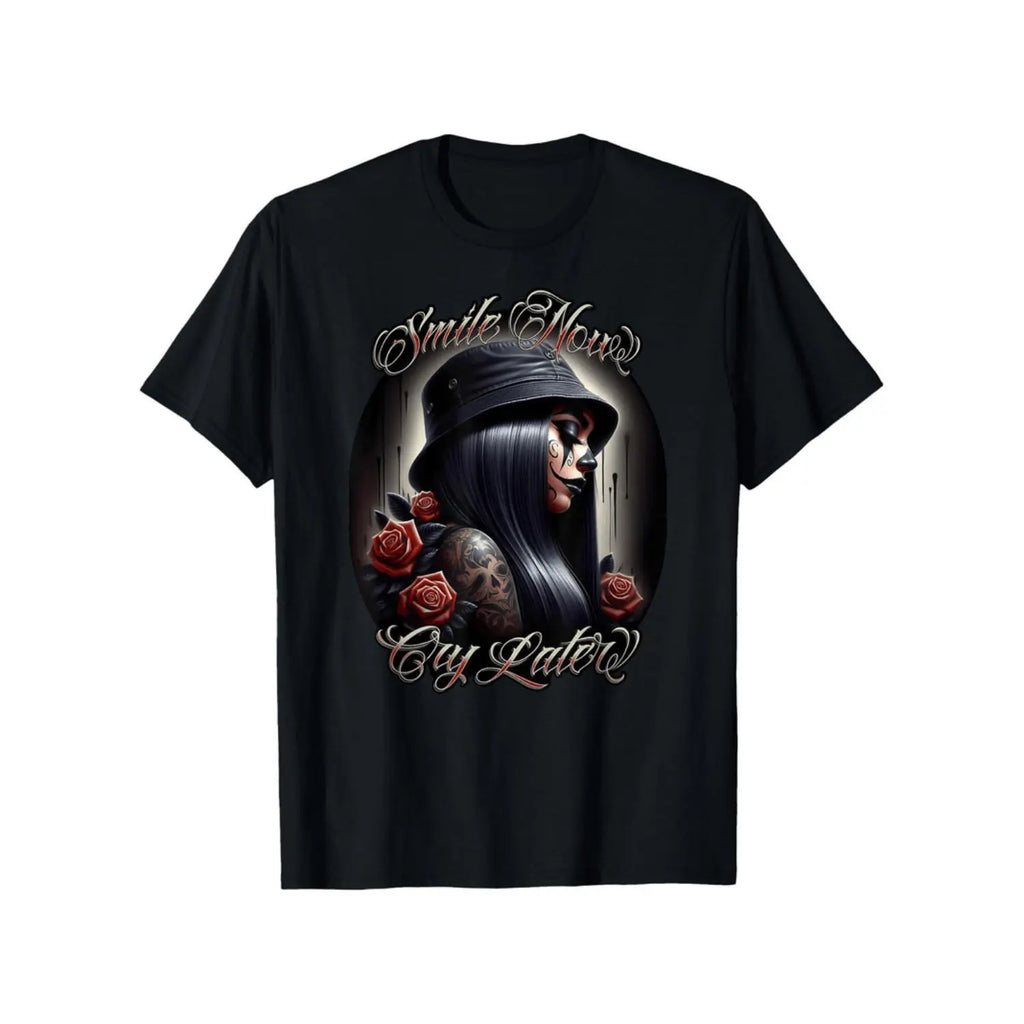 Mens Cotton TShirt Featuring Smile Now Cry Later Chicana Payasa Tattoo Chicano Artwork