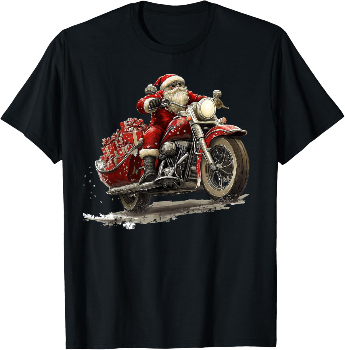 Funny Christmas Santa Riding on a vintage motorcycle Bike