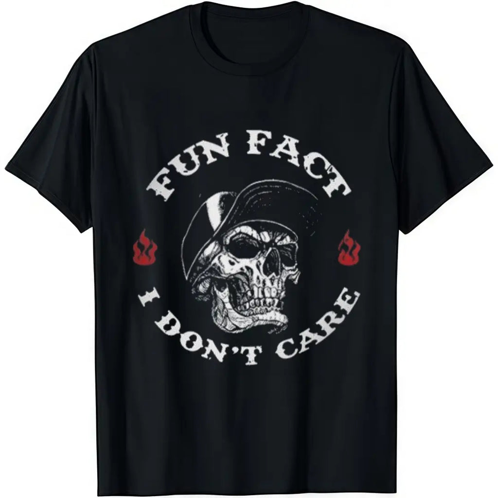 FUN FACT I DON'T CARE Skull Print Black Cotton T-Shirt Soft Crew Neck Shortsleeve Casual Graphic Tee for Men Comfortable Versatile Everyday Wear