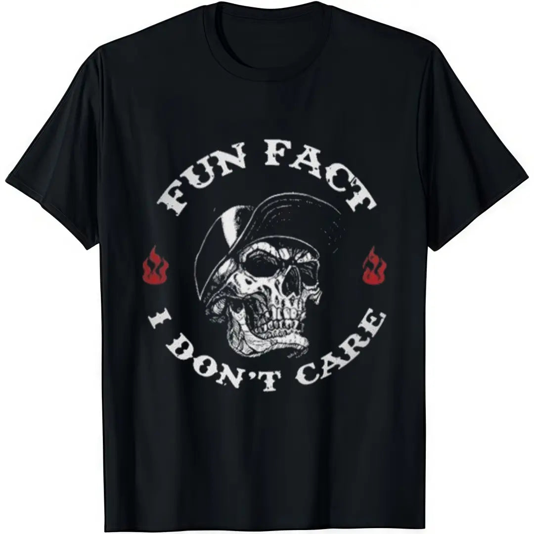FUN FACT I DON'T CARE Skull Print Black Cotton T-Shirt Soft Crew Neck Shortsleeve Casual Graphic Tee for Men Comfortable Versatile Everyday Wear