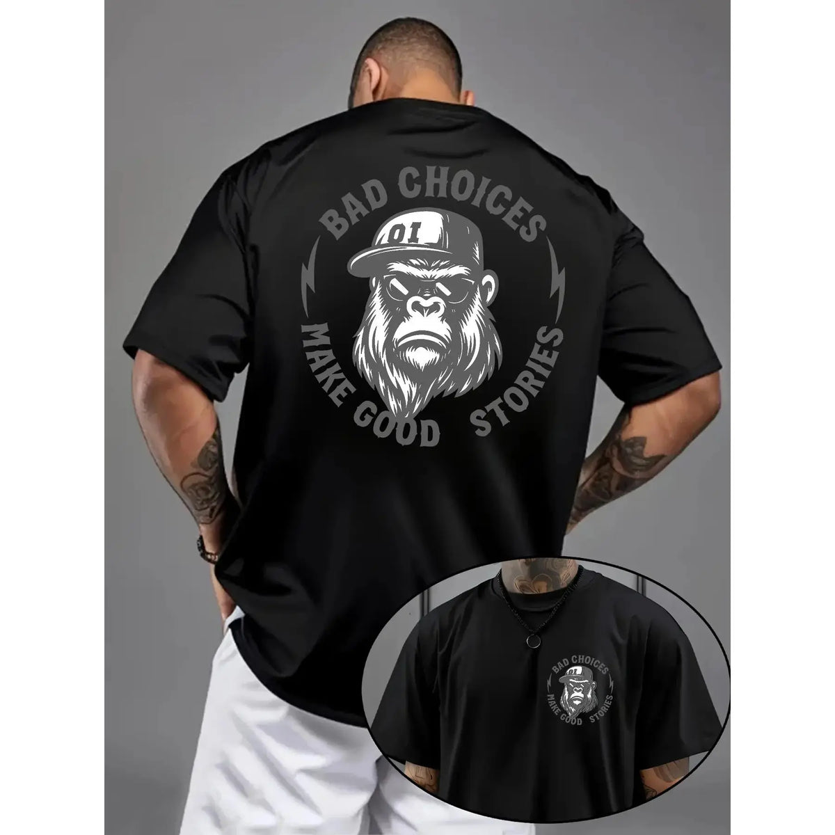 Bad Choices Make Good Stories Chimpanzee Print Men's T-shirt, Menswear,Men's Solid Color Crewneck Tee for Gym & Casual